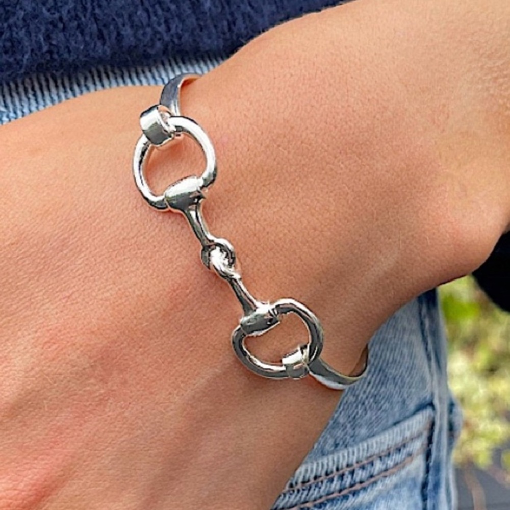 Sterling Silver Horse Bit Design Bangle Bracelet - Picture 1 of 14